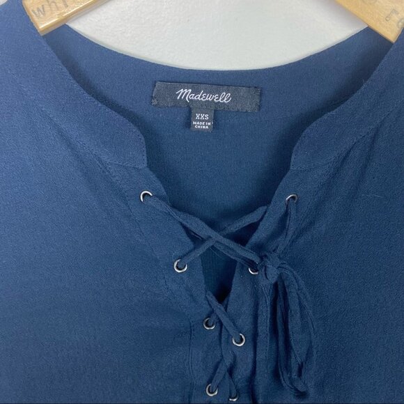Madewell Blue Novella Lace-Up Mini Dress 70s Inspired Size XXS Navy Viscose - Picture 7 of 13